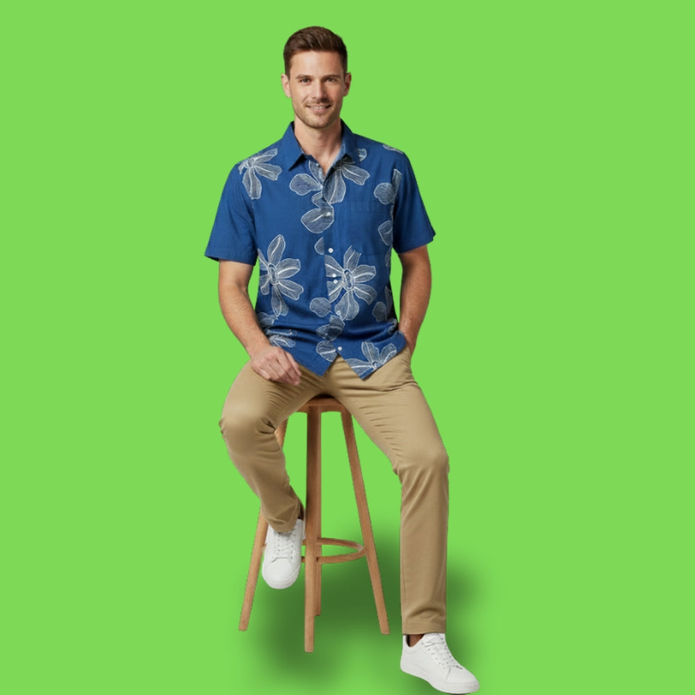 Blue Color white Floral Dori Embroidery Shirt